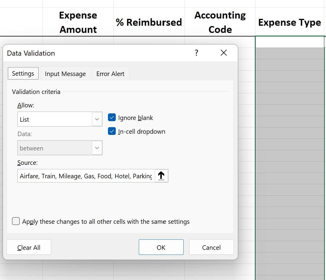 Excel Data Validation dialog box with a list of expense types entered in the Source field