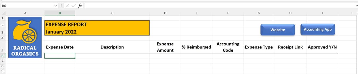 Excel expense sheet column headings for date, description, type, amount, and receipt link