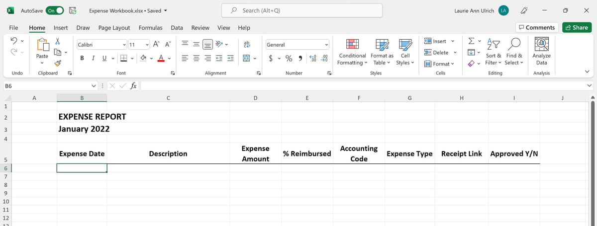 Custom expense tracking spreadsheet with personalized column headings and data