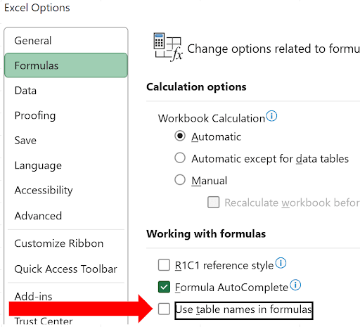 Excel Options dialog showing the Use table names in formulas setting