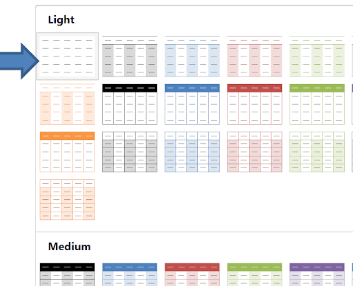 Top-left table style icon in the gallery for removing table visual formatting