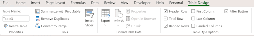 Table Design tab in the Excel ribbon showing table properties and style commands
