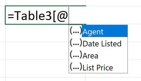 At-symbol in a structured reference formula used to refer to the current table row