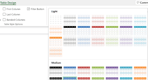 Table Design tab color palette showing available table style options