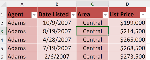 Excel table with Banded Columns enabled and other options unchecked