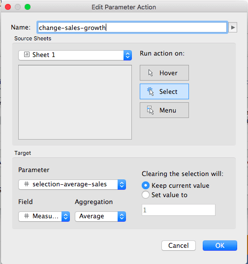 Tableau parameter action with Source Field set to Measure Value and Aggregation set to Average