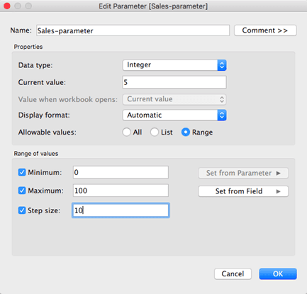 Tableau Create Parameter dialog for Sales-parameter with value range 0 to 100