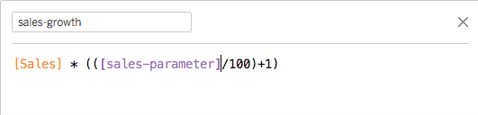 Tableau calculated field editor showing the Sales growth formula using the parameter