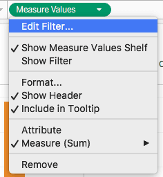 Tableau Edit Filter dialog for Measure Values showing available fields