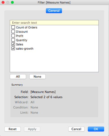 Tableau Edit Filter with only sales-growth and Sales values selected for the stacked bar chart
