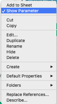 Tableau parameter data pane showing the Show parameter option in the dropdown menu