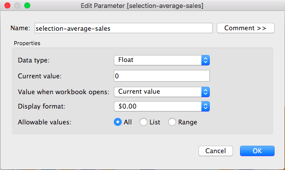 Tableau Create Parameter dialog for selection-average-sales set to Float data type
