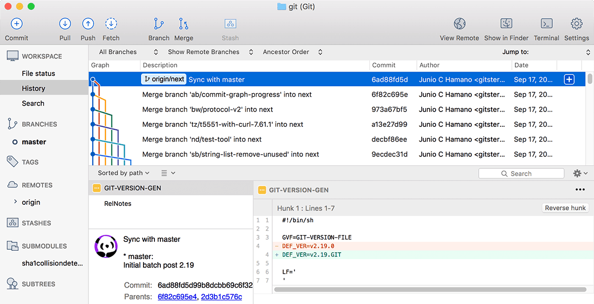 Sourcetree desktop application interface showing a Git repository with graphical branch visualization