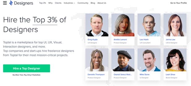 Toptal homepage branding itself as representing the top 3 percent of designers