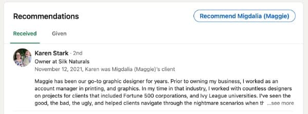 Screenshot of a LinkedIn recommendation in which a satisfied client praises the graphic designer’s extensive experience in printing, graphics, and work with high-profile organizations.