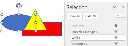 Selection Pane showing shapes after reordering with the arrow icon changing Z-order