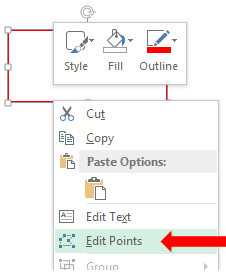 Right-click context menu on an Excel shape showing the Edit Points command