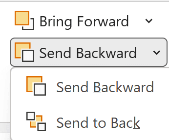 Excel Send Backward dropdown showing Send Backward and Send to Back options