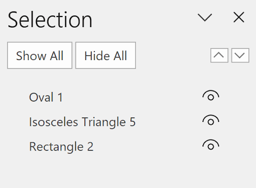 Excel Selection Pane showing listed shapes with visibility toggle eyes