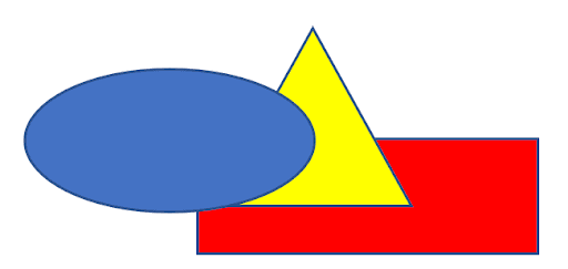 Three overlapping shapes with a yellow triangle sent behind the oval and rectangle