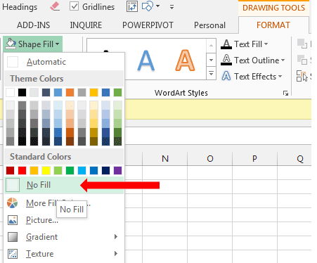 Excel Shape Fill menu with No Fill option selected for an oval shape