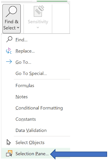 Excel Find and Select menu with Selection Pane option at the bottom