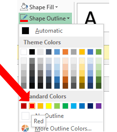 Excel Shape Outline color picker with red selected for the shape border