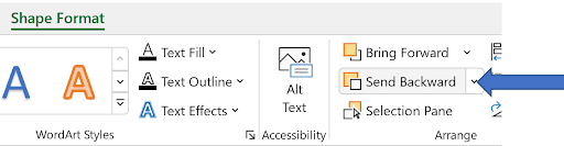Excel Shape Format tab showing Send Backward option in the Arrange group