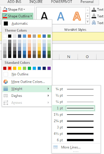 Excel Shape Outline Weight menu showing line thickness options