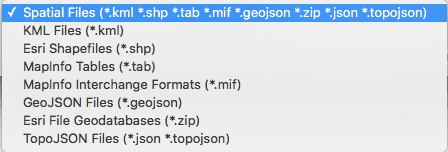 Screenshot of the file selection dialog for ‘Spatial Files, ’ showing supported formats such as KML, Shapefiles, MapInfo tables, GeoJSON, and TopoJSON.
