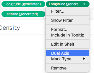 Tableau interface displaying the option to select Dual Axis from the dropdown menu