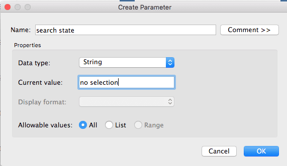 Tableau parameter control widget displayed on the worksheet