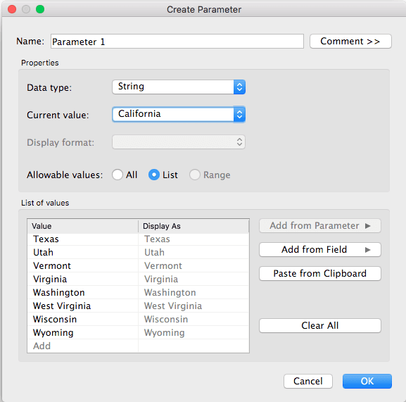 Tableau parameter control widget displayed on the worksheet