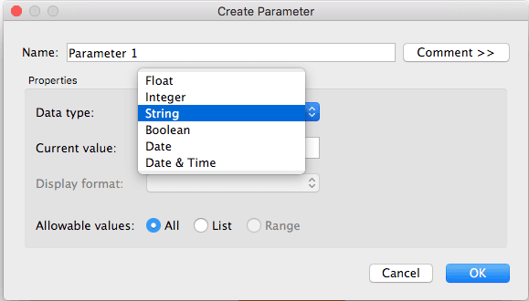 Tableau parameter configuration and usage - step 2