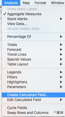 Tableau Analysis menu with Create Calculated Field option highlighted