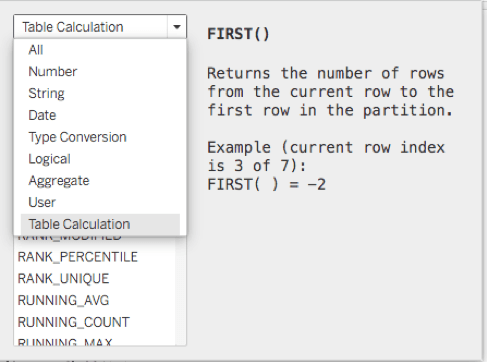 Tableau calculation editor showing list of all available Table Calculation functions