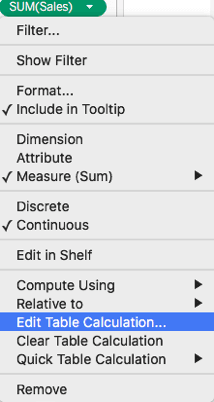 Tableau field menu showing Edit Table Calculation option