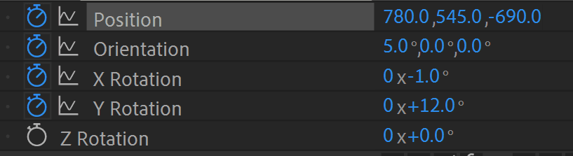 After Effects timeline showing Position, Orientation, and Rotation keyframes for the camera layer