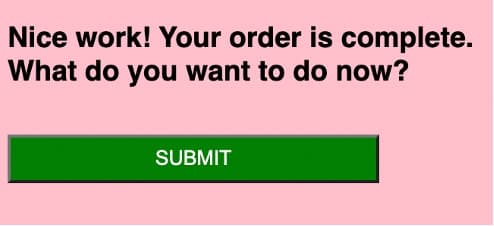 Pink digital screen indicating that a form has been filled out with a single green