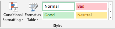 Excel Home tab Styles group showing cell style options on the ribbon