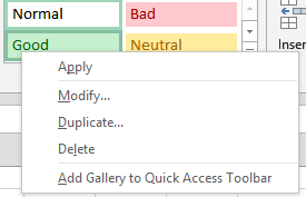 Right-click context menu on the Good cell style showing Apply, Modify, Duplicate, and Delete options