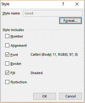 Screenshot of an Excel 'Style' dialog box named 'Good, ' displaying configured options for font (Calibri, Body 11, RGB(0,97,0)), fill shading, and other style settings.