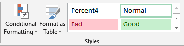 Excel Styles group showing the renamed Percent4 style after modifying decimal places