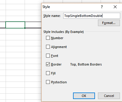 Style dialog box for TopSingleBottomDouble style with Border checkbox selected