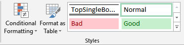 Cell styles gallery showing the TopSingleBottomDouble custom style with border preview