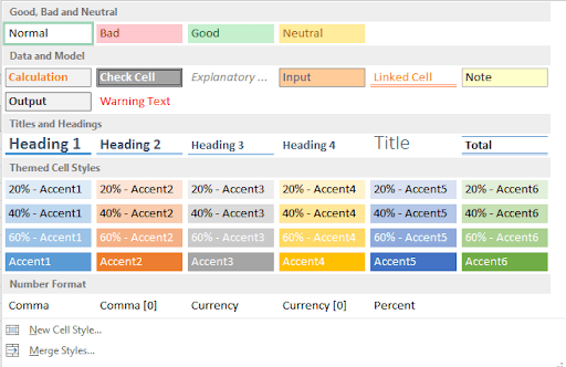 Expanded cell styles gallery showing all available styles organized by category
