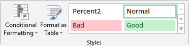 Screenshot of the Excel ribbon’s ‘Styles’ group, displaying selectable style tiles labeled ‘Percent2, ’ ‘Normal, ’ ‘Bad’ (pink), and ‘Good’ (green).
