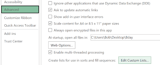 Excel Options Advanced section showing the Edit Custom Lists button