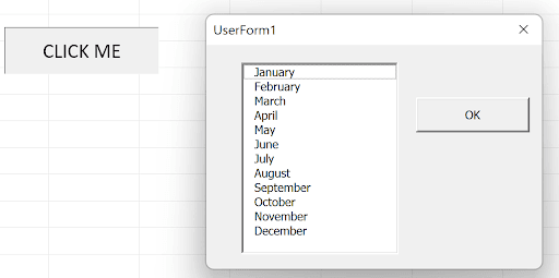 VBA UserForm with a ListBox displaying the twelve months of the year
