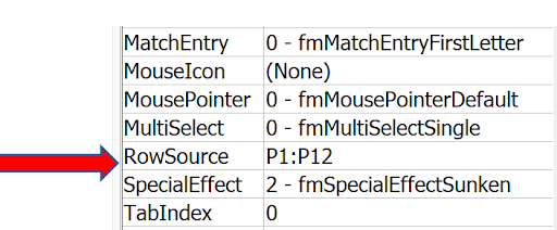 VBA Properties window showing the RowSource property pointing to a cell range for the ListBox